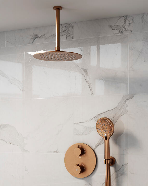 CONJ. EMPOTR. TERMOSTÁTICO ROUND COBRE + ROCIADOR TECHO