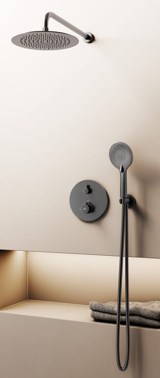 CONJ. EMPOTR. TERMOSTÁTICO ROUND TITANIO + ROCIADOR PARED